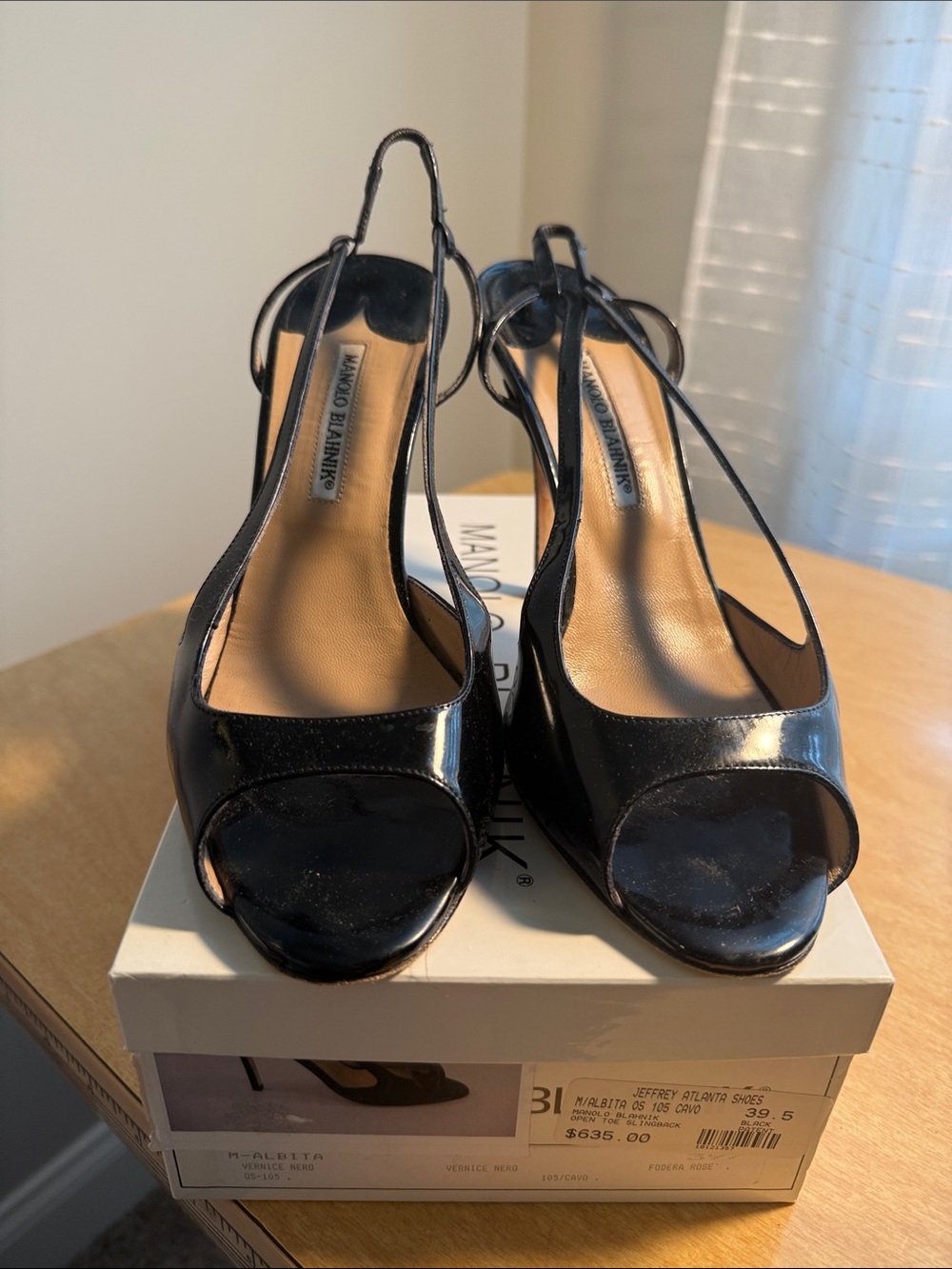 Manolo Blahnik Black Patent Slingback Peep Toe Heels